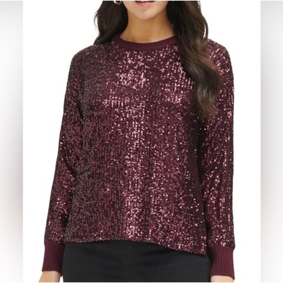 Calvin Klein Sequin Front Crew Neck Long Sleeve Sweater in Port Size Medium - Picture 1 of 9